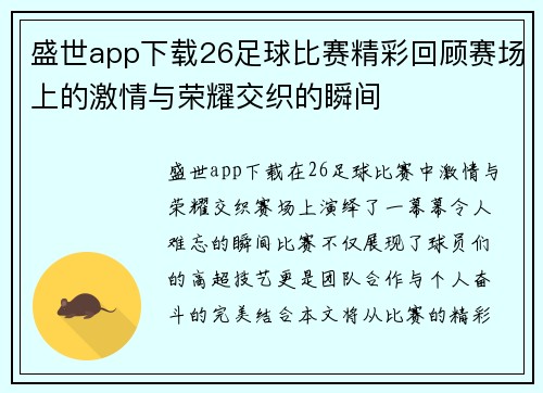 盛世app下载26足球比赛精彩回顾赛场上的激情与荣耀交织的瞬间