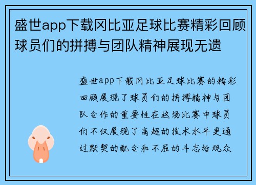 盛世app下载冈比亚足球比赛精彩回顾球员们的拼搏与团队精神展现无遗